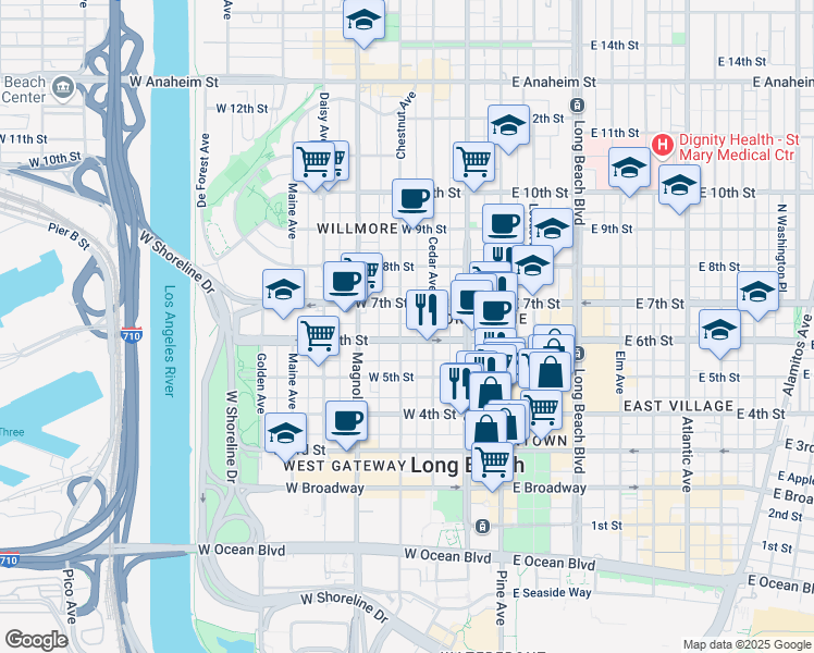 map of restaurants, bars, coffee shops, grocery stores, and more near 618 Chestnut Avenue in Long Beach