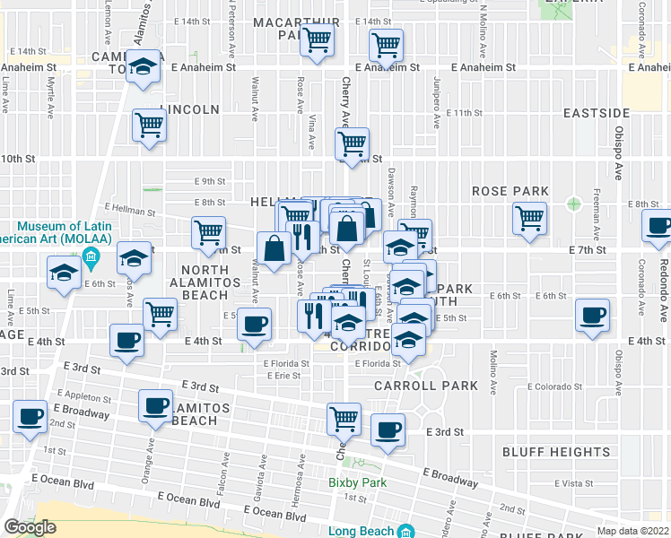 map of restaurants, bars, coffee shops, grocery stores, and more near 1929 East 6th Street in Long Beach