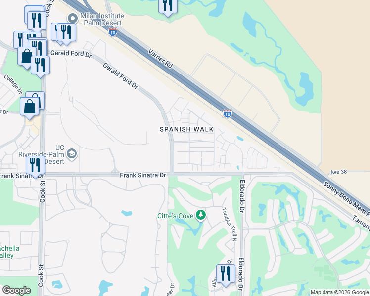map of restaurants, bars, coffee shops, grocery stores, and more near 436 Via De La Paz in Palm Desert