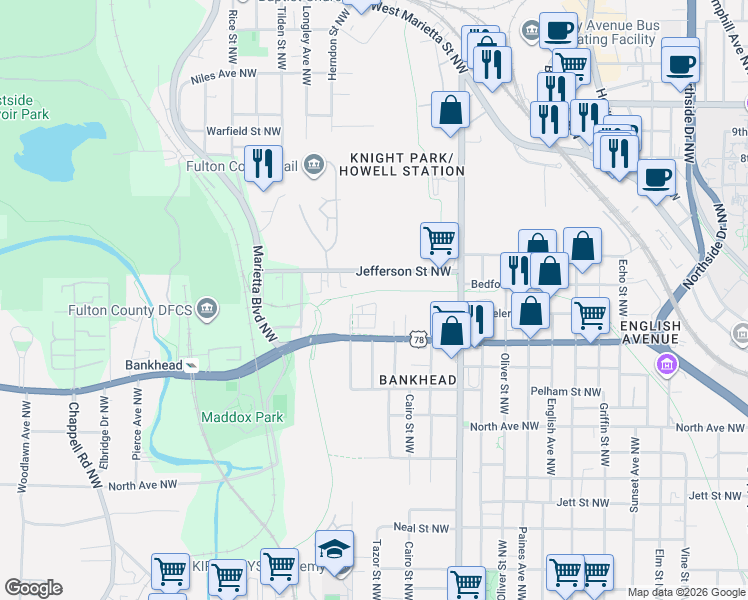 map of restaurants, bars, coffee shops, grocery stores, and more near in Atlanta