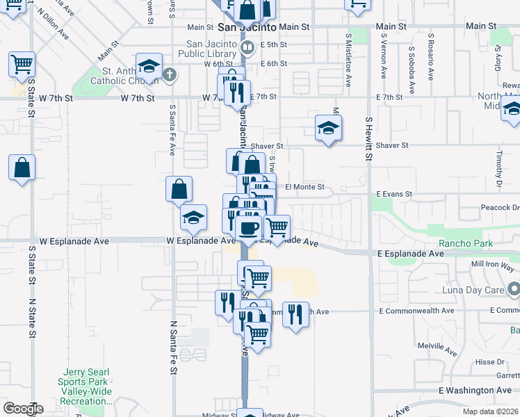 map of restaurants, bars, coffee shops, grocery stores, and more near 1435 South San Jacinto Avenue in San Jacinto