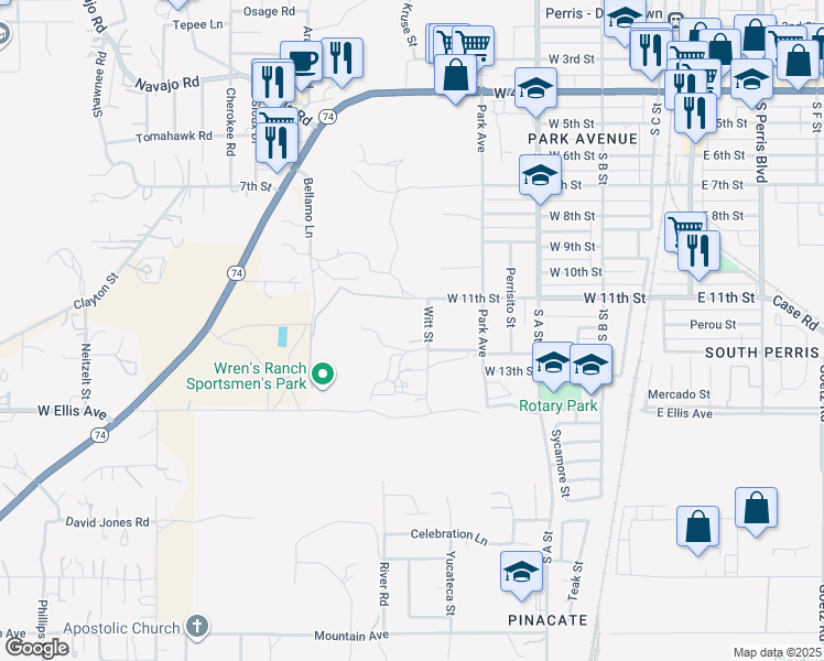 map of restaurants, bars, coffee shops, grocery stores, and more near 1194 Witt Street in Perris