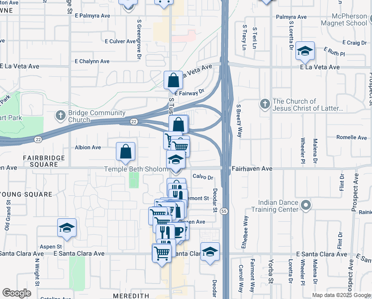 map of restaurants, bars, coffee shops, grocery stores, and more near 1833 East Stearns Avenue in Orange