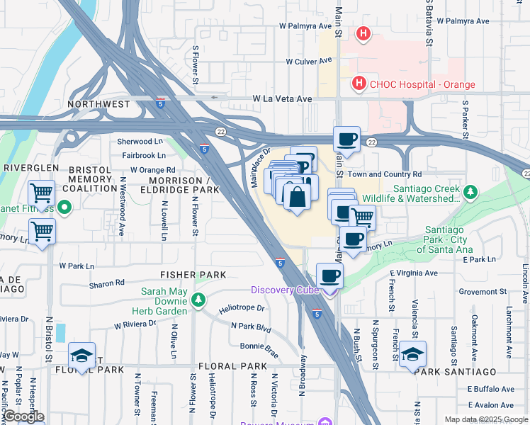 map of restaurants, bars, coffee shops, grocery stores, and more near Mainplace Dr in Santa Ana