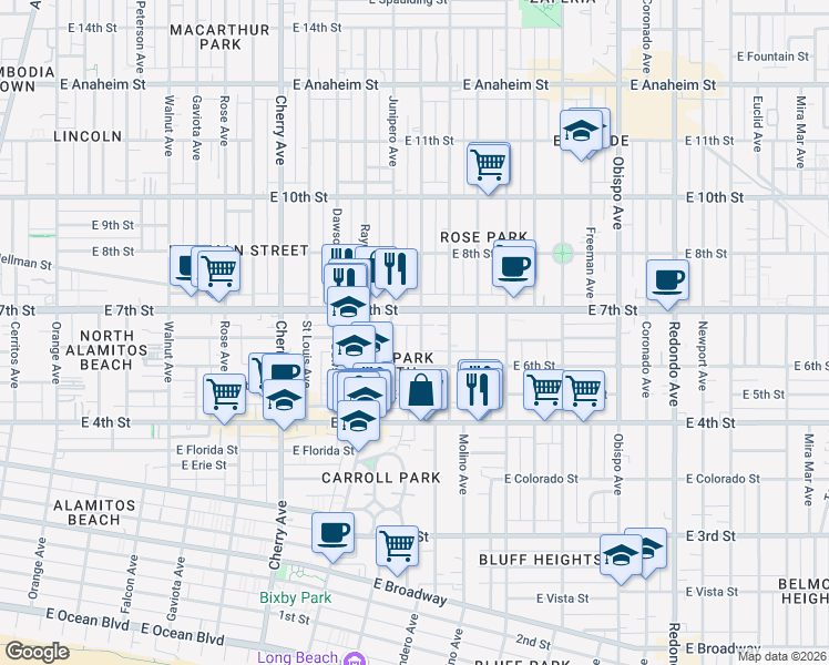 map of restaurants, bars, coffee shops, grocery stores, and more near 625 Stanley Avenue in Long Beach