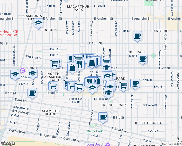 map of restaurants, bars, coffee shops, grocery stores, and more near 1918 East 6th Street in Long Beach