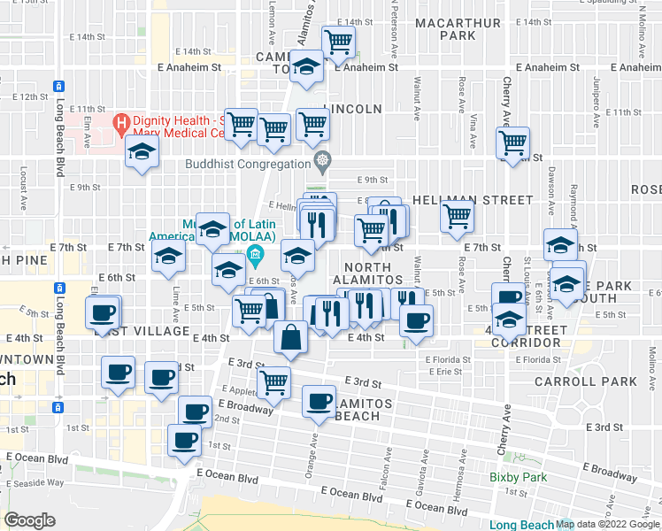 map of restaurants, bars, coffee shops, grocery stores, and more near 1221 East 6th Street in Long Beach