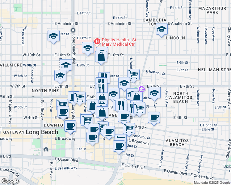 map of restaurants, bars, coffee shops, grocery stores, and more near in Long Beach
