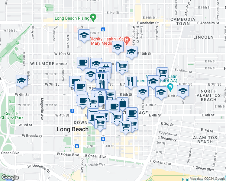 map of restaurants, bars, coffee shops, grocery stores, and more near in Long Beach