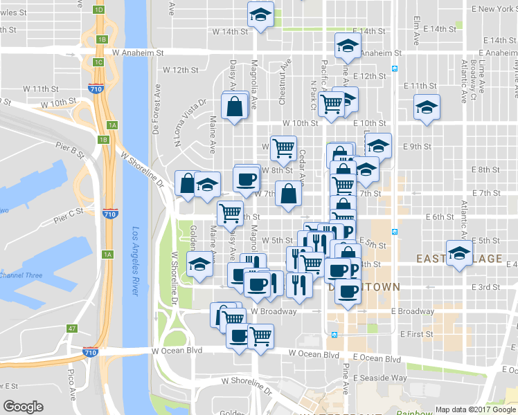 map of restaurants, bars, coffee shops, grocery stores, and more near 535 Magnolia Avenue in Long Beach