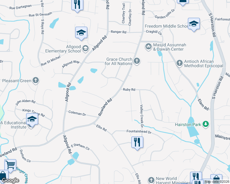 map of restaurants, bars, coffee shops, grocery stores, and more near 767 Rowland Road in Stone Mountain