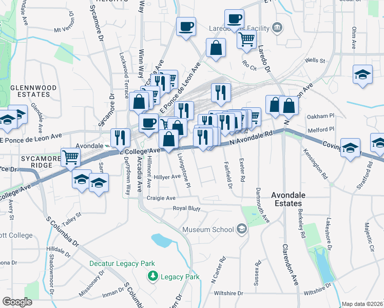 map of restaurants, bars, coffee shops, grocery stores, and more near 706 Twin Oaks Drive in Avondale Estates