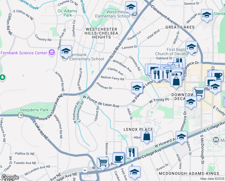 map of restaurants, bars, coffee shops, grocery stores, and more near 801 West Ponce de Leon Avenue in Decatur