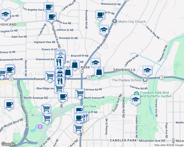 map of restaurants, bars, coffee shops, grocery stores, and more near 1247 Ponce De Leon Avenue Northeast in Atlanta