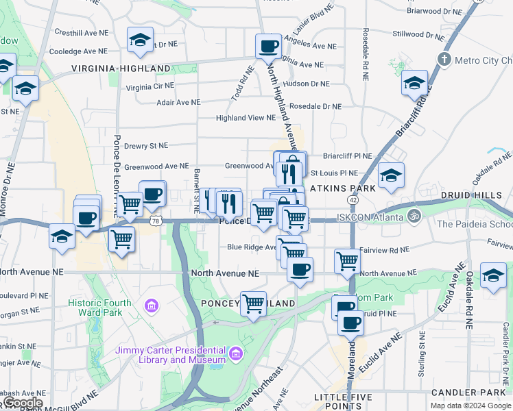 map of restaurants, bars, coffee shops, grocery stores, and more near 733 Frederica Street Northeast in Atlanta