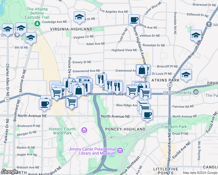 map of restaurants, bars, coffee shops, grocery stores, and more near in Atlanta