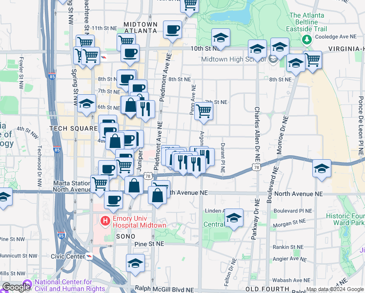 map of restaurants, bars, coffee shops, grocery stores, and more near in Atlanta