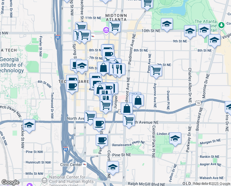 map of restaurants, bars, coffee shops, grocery stores, and more near 705 Juniper Street Northeast in Atlanta