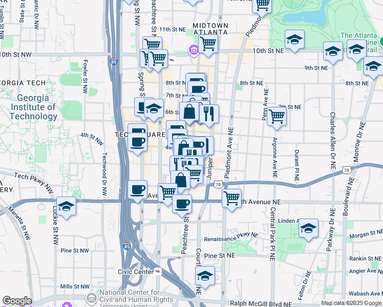 map of restaurants, bars, coffee shops, grocery stores, and more near 715 Peachtree Street Northeast in Atlanta