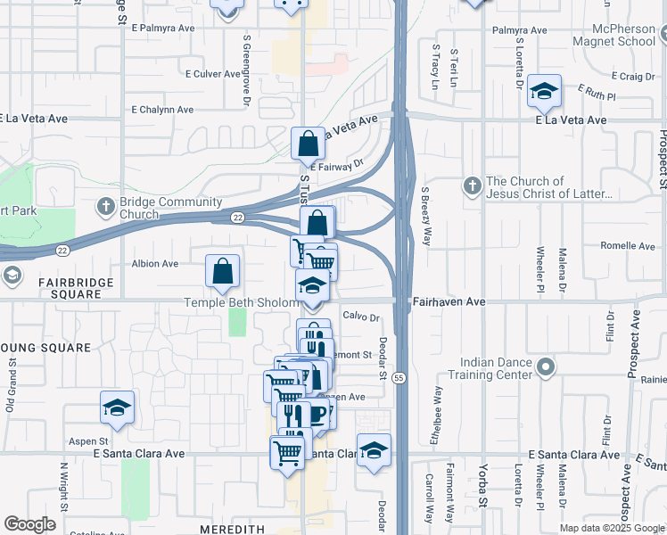 map of restaurants, bars, coffee shops, grocery stores, and more near 830 Ponderosa Street in Orange