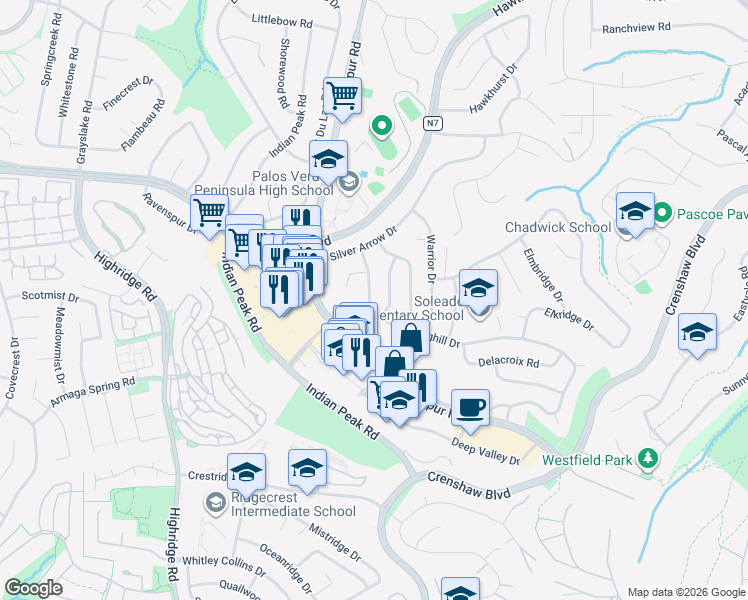 map of restaurants, bars, coffee shops, grocery stores, and more near 27538 Longhill Drive in Rancho Palos Verdes