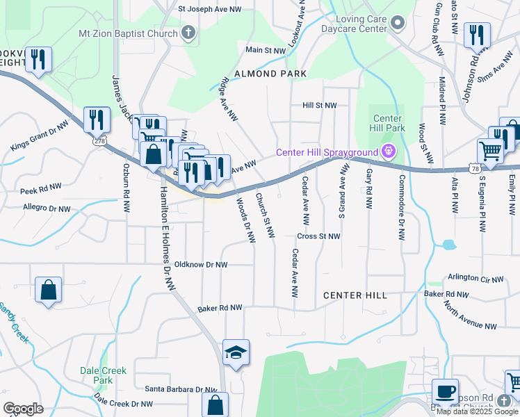 map of restaurants, bars, coffee shops, grocery stores, and more near 716 Church Street Northwest in Atlanta
