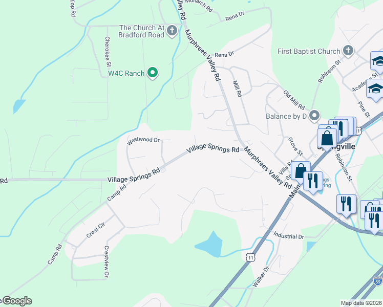 map of restaurants, bars, coffee shops, grocery stores, and more near 369 Village Springs Road in Springville