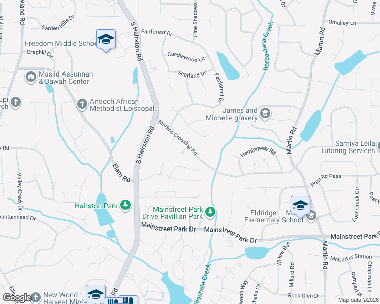 map of restaurants, bars, coffee shops, grocery stores, and more near 4887 Martins Crossing Road in Stone Mountain