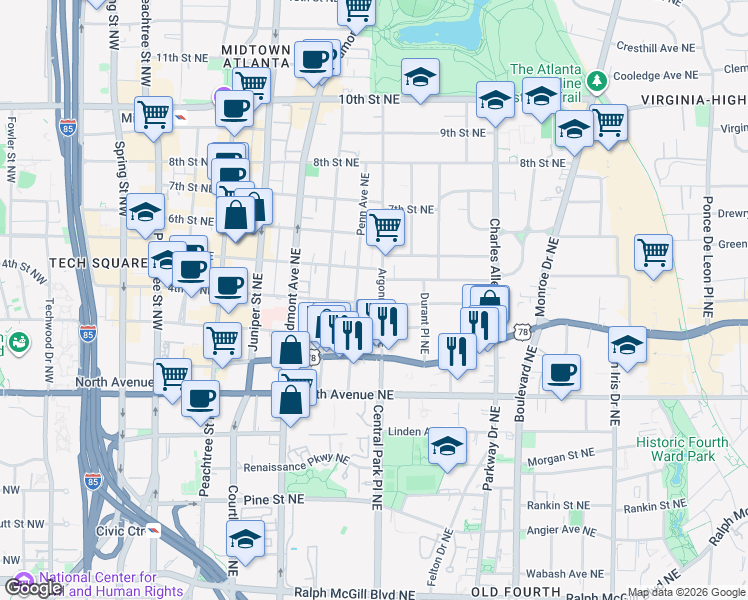 map of restaurants, bars, coffee shops, grocery stores, and more near 734 Argonne Avenue Northeast in Atlanta