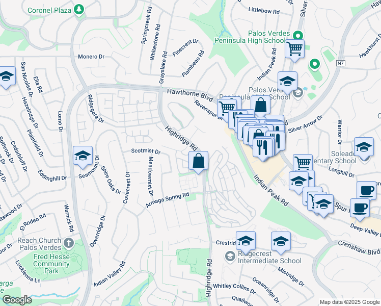 map of restaurants, bars, coffee shops, grocery stores, and more near 14 Vía Sevilla in Rolling Hills Estates