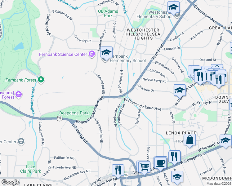 map of restaurants, bars, coffee shops, grocery stores, and more near 2174 West Ponce de Leon Avenue in Decatur