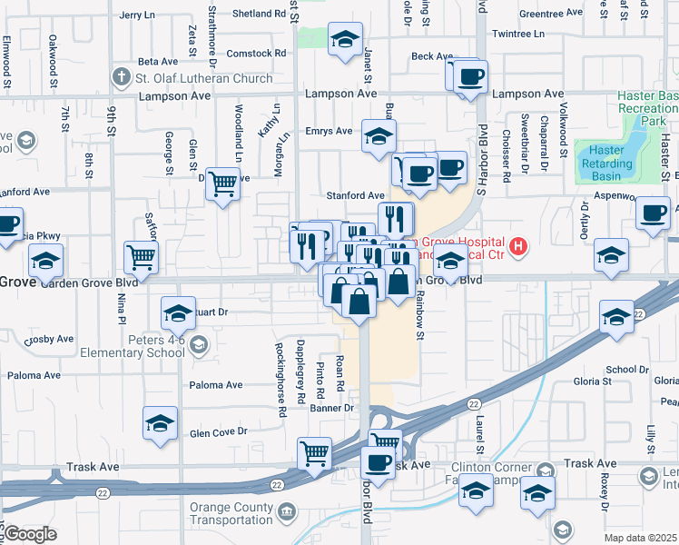 map of restaurants, bars, coffee shops, grocery stores, and more near in Garden Grove
