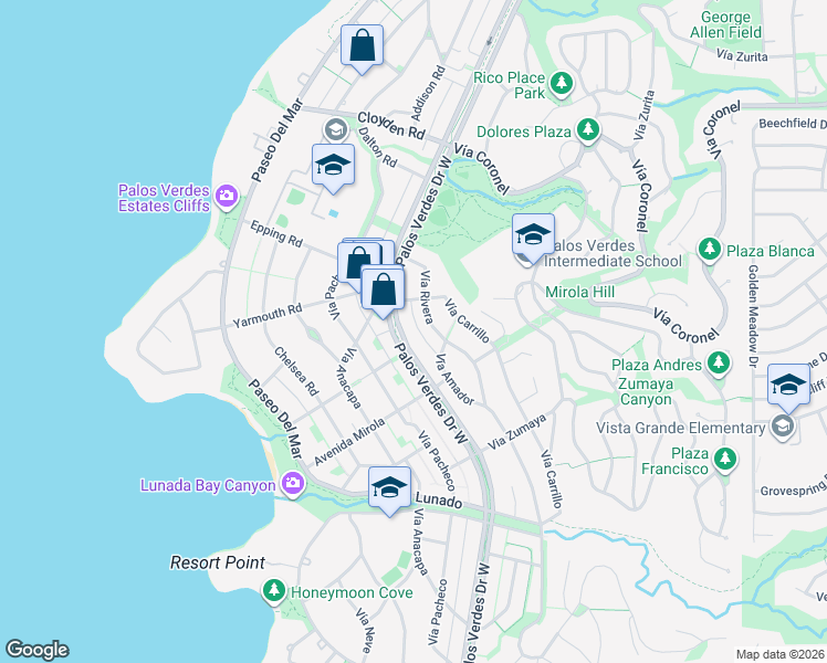 map of restaurants, bars, coffee shops, grocery stores, and more near 2322 Palos Verdes Drive West in Palos Verdes Estates