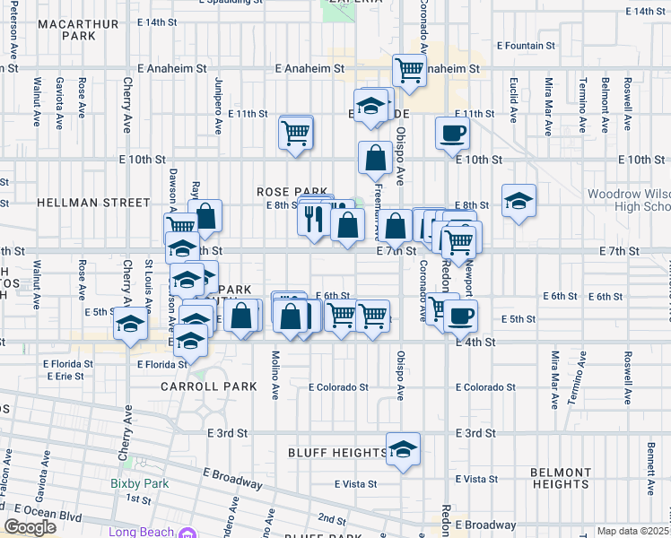map of restaurants, bars, coffee shops, grocery stores, and more near 2851 East Theresa Street in Long Beach