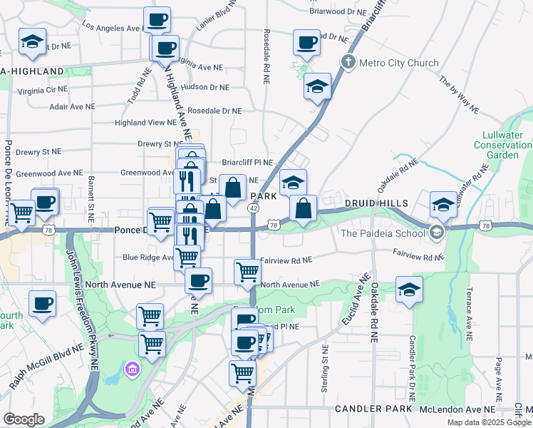 map of restaurants, bars, coffee shops, grocery stores, and more near 1200 Ponce De Leon Avenue Northeast in Atlanta