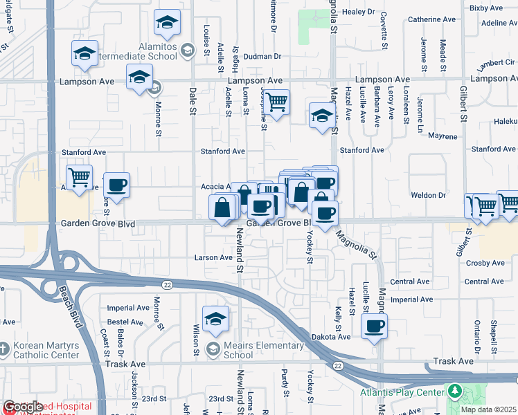 map of restaurants, bars, coffee shops, grocery stores, and more near 12931 Josephine Street in Garden Grove