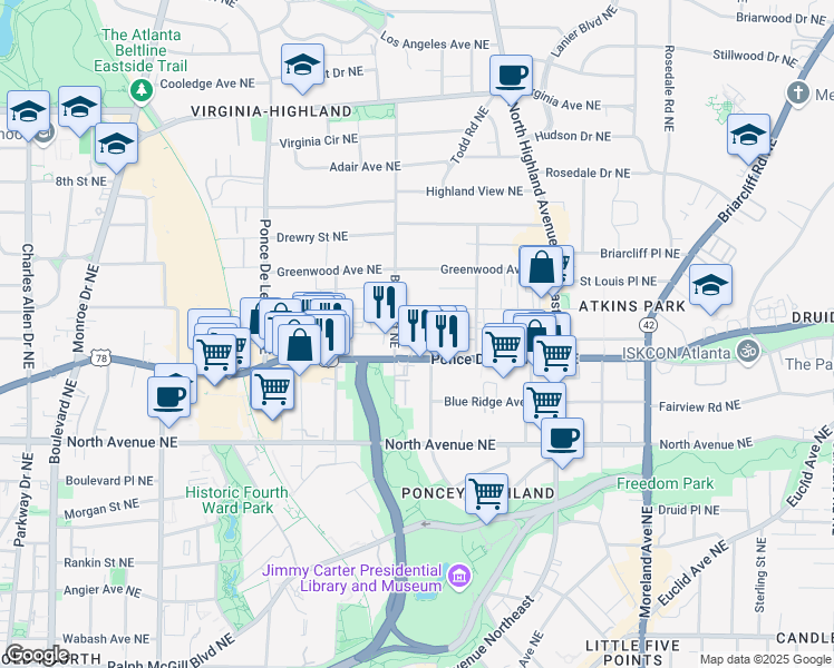 map of restaurants, bars, coffee shops, grocery stores, and more near in Atlanta