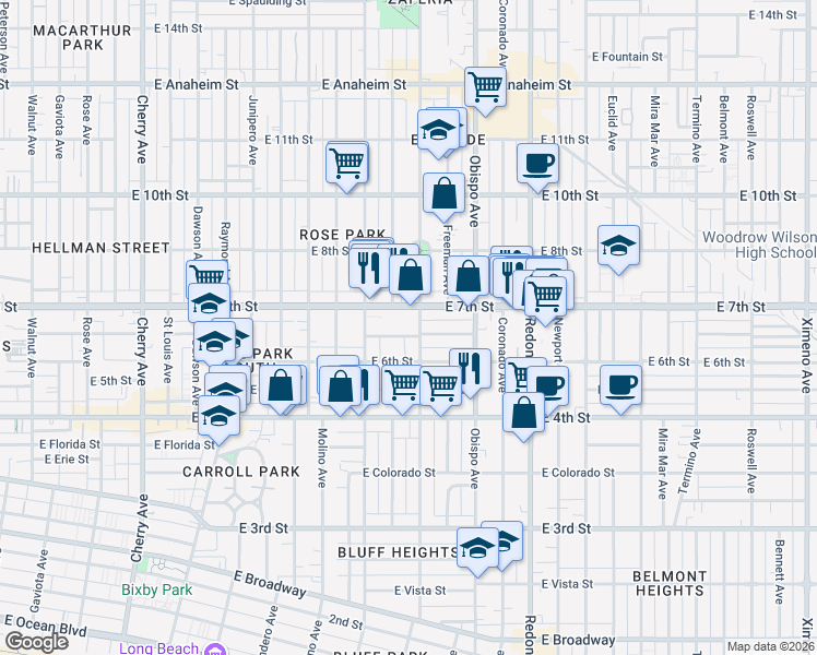map of restaurants, bars, coffee shops, grocery stores, and more near 622 Orizaba Avenue in Long Beach