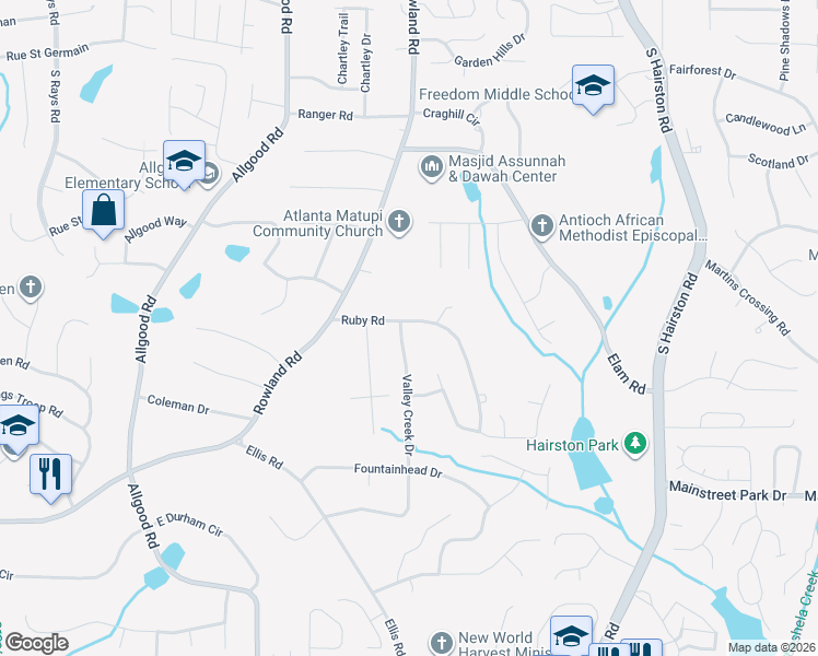 map of restaurants, bars, coffee shops, grocery stores, and more near 754 Valley Creek Drive in Stone Mountain