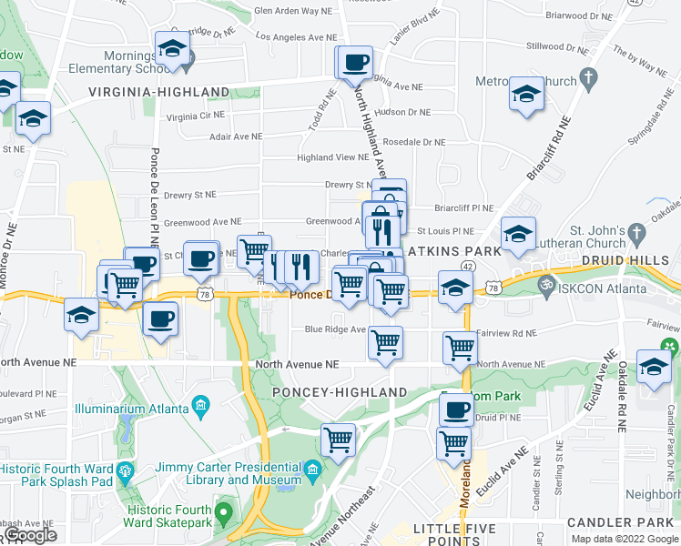 map of restaurants, bars, coffee shops, grocery stores, and more near in Atlanta