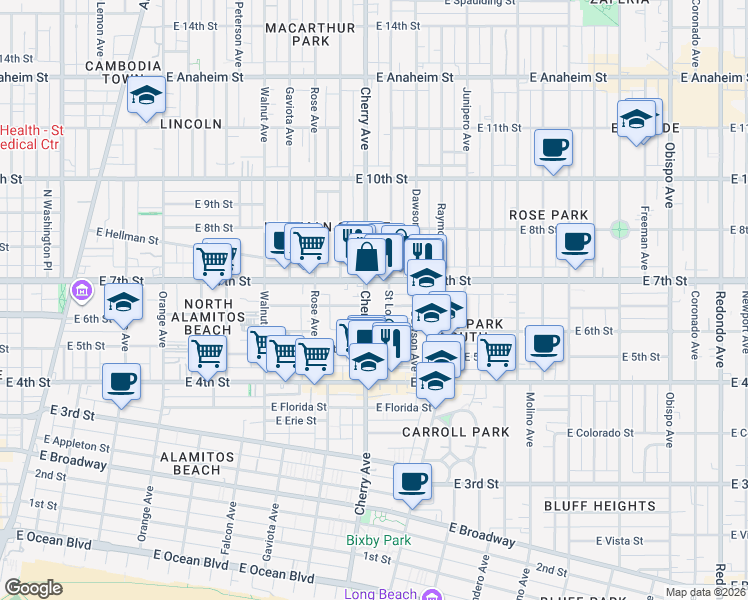 map of restaurants, bars, coffee shops, grocery stores, and more near 604 Cherry Avenue in Long Beach