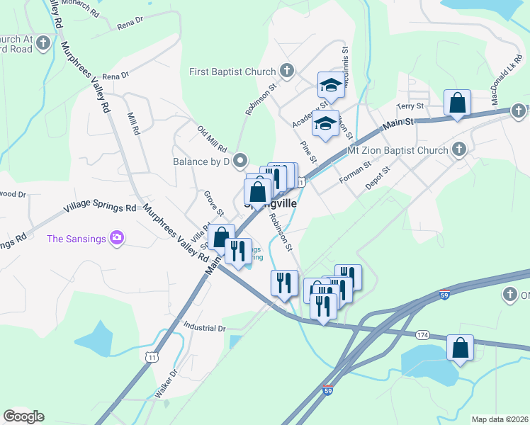 map of restaurants, bars, coffee shops, grocery stores, and more near 6384 U.S. 11 in Springville