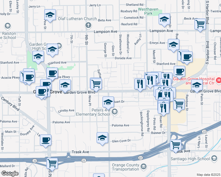 map of restaurants, bars, coffee shops, grocery stores, and more near 11683 Garden Grove Boulevard in Garden Grove