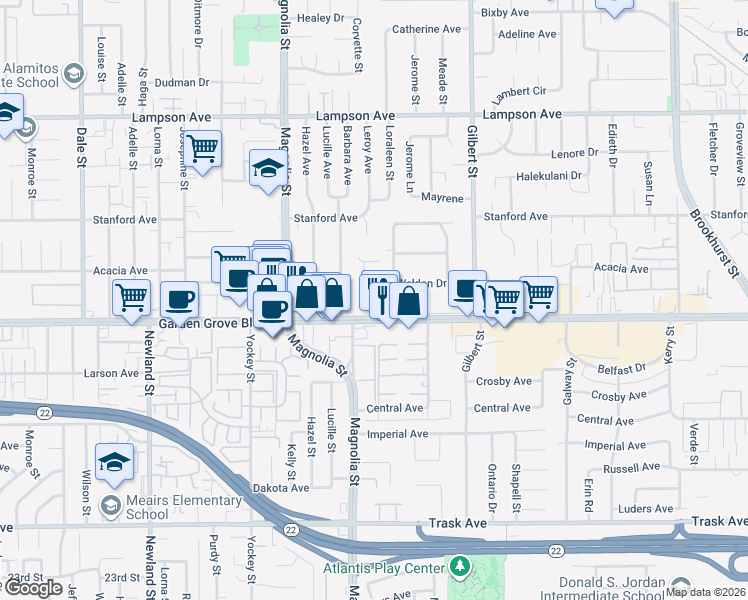 map of restaurants, bars, coffee shops, grocery stores, and more near 12932 Shackelford Lane in Garden Grove