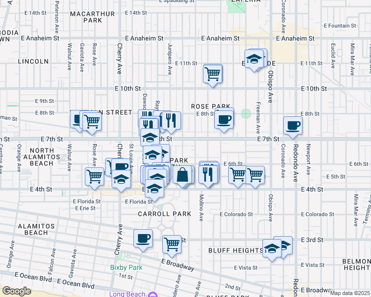 map of restaurants, bars, coffee shops, grocery stores, and more near 625 Stanley Avenue in Long Beach