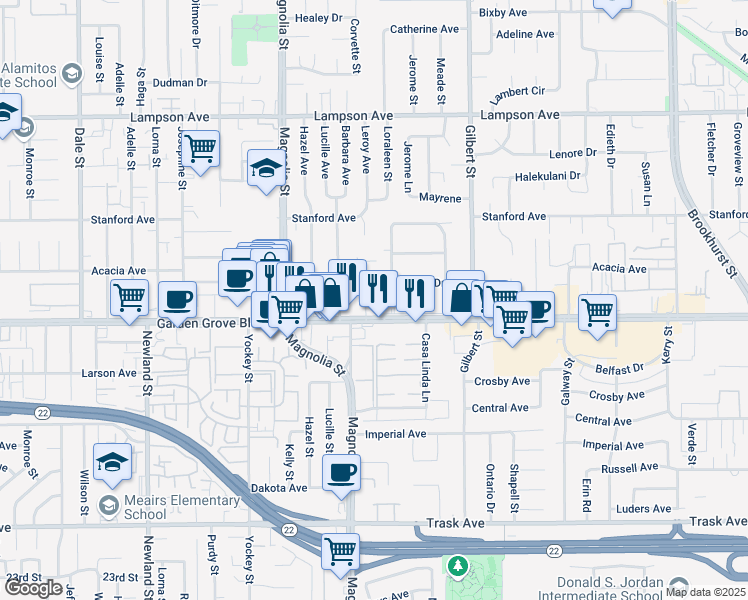 map of restaurants, bars, coffee shops, grocery stores, and more near 12932 Shackelford Lane in Garden Grove