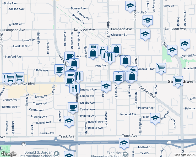map of restaurants, bars, coffee shops, grocery stores, and more near 10371 Garden Grove Boulevard in Garden Grove