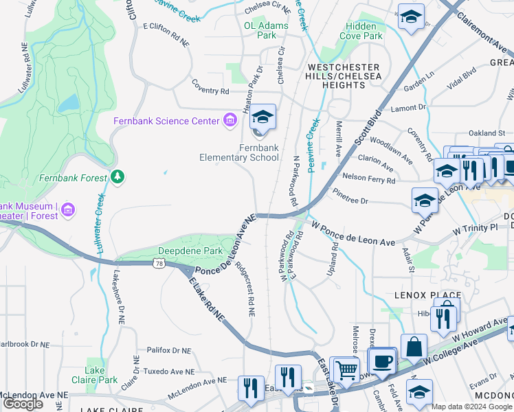 map of restaurants, bars, coffee shops, grocery stores, and more near 843 Artwood Road Northeast in Atlanta