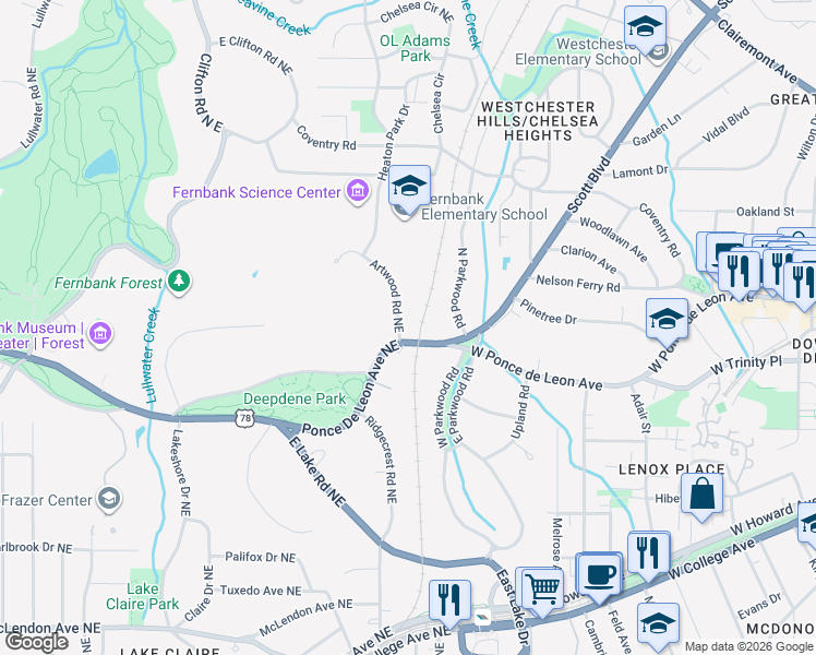 map of restaurants, bars, coffee shops, grocery stores, and more near 843 Artwood Road Northeast in Atlanta