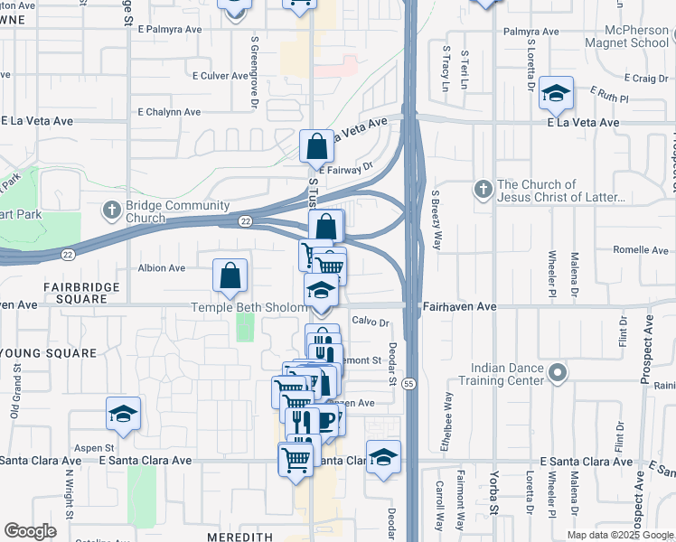 map of restaurants, bars, coffee shops, grocery stores, and more near 830 Ponderosa Street in Orange